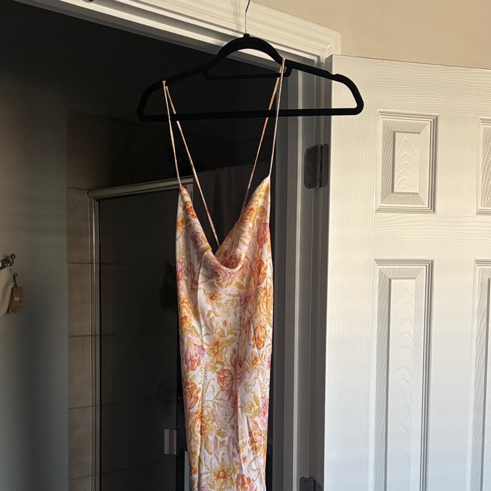 RESA Floral Cowl Slip Dress in Cream, Yellow & Pink